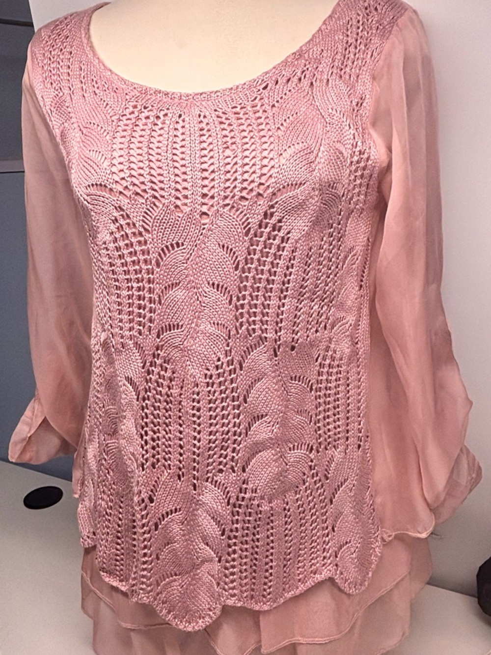 CLEO Crochet Lace Layered Tunic Blouse EXTREMELY SOFT LINING Adjustable Sleeves - Picture 6 of 10